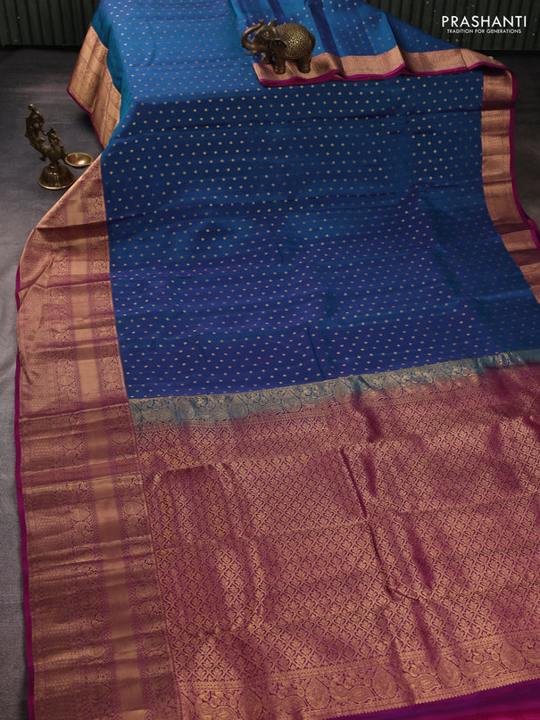 Kanchipuram silk saree peacock blue and magenta pink with allover zari woven 1000 buttas and long rich zari woven border
