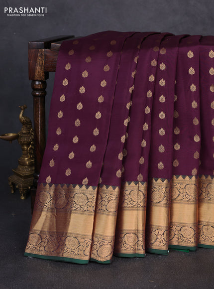 Kanchipuram silk saree wine shade and green with allover zari woven buttas and long rich zari woven border