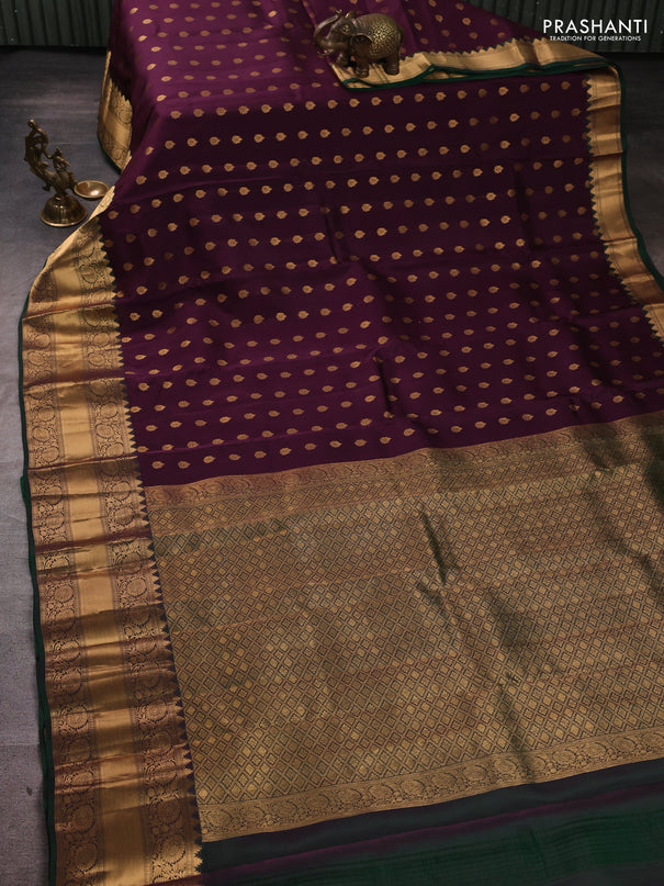 Kanchipuram silk saree wine shade and green with allover zari woven buttas and long rich zari woven border