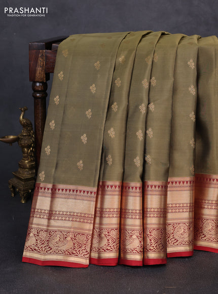 Kanchipuram silk saree olive green and maroon with allover zari woven buttas and rich zari woven border
