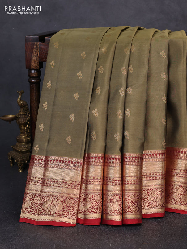 Kanchipuram silk saree olive green and maroon with allover zari woven buttas and rich zari woven border