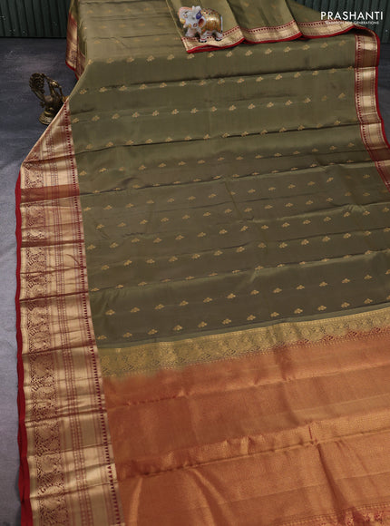 Kanchipuram silk saree olive green and maroon with allover zari woven buttas and rich zari woven border