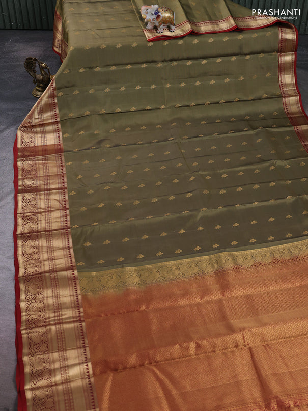 Kanchipuram silk saree olive green and maroon with allover zari woven buttas and rich zari woven border