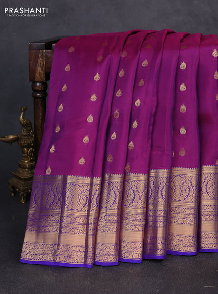 Kanchipuram silk saree magenta pink and violet with allover zari woven buttas and long rich zari woven border