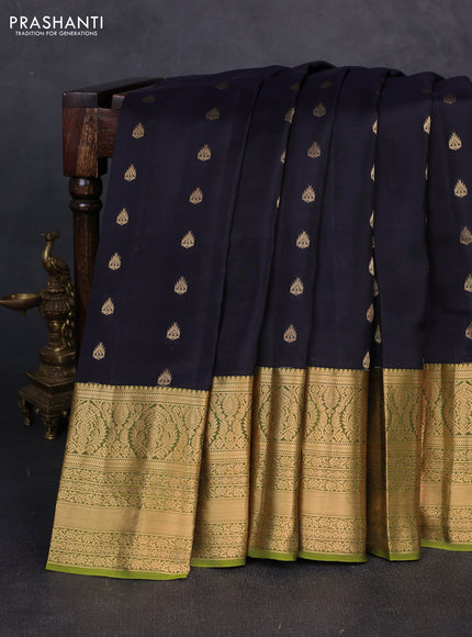 Kanchipuram silk saree dark navy blue and mehendi green with allover zari woven buttas and long rich zari woven border