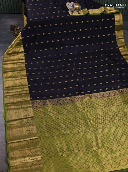Kanchipuram silk saree dark navy blue and mehendi green with allover zari woven buttas and long rich zari woven border