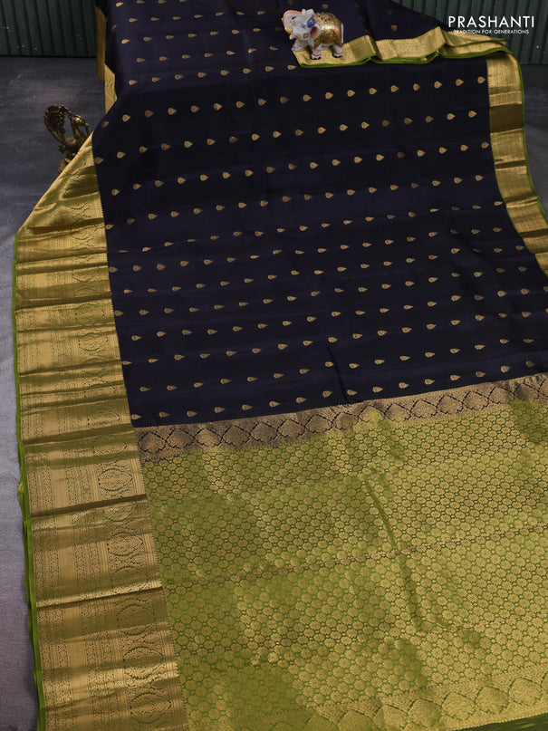 Kanchipuram silk saree dark navy blue and mehendi green with allover zari woven buttas and long rich zari woven border