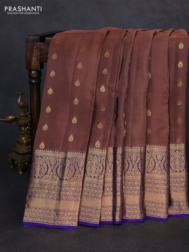 Kanchipuram silk saree brown shade and violet with allover zari woven buttas and long rich zari woven border