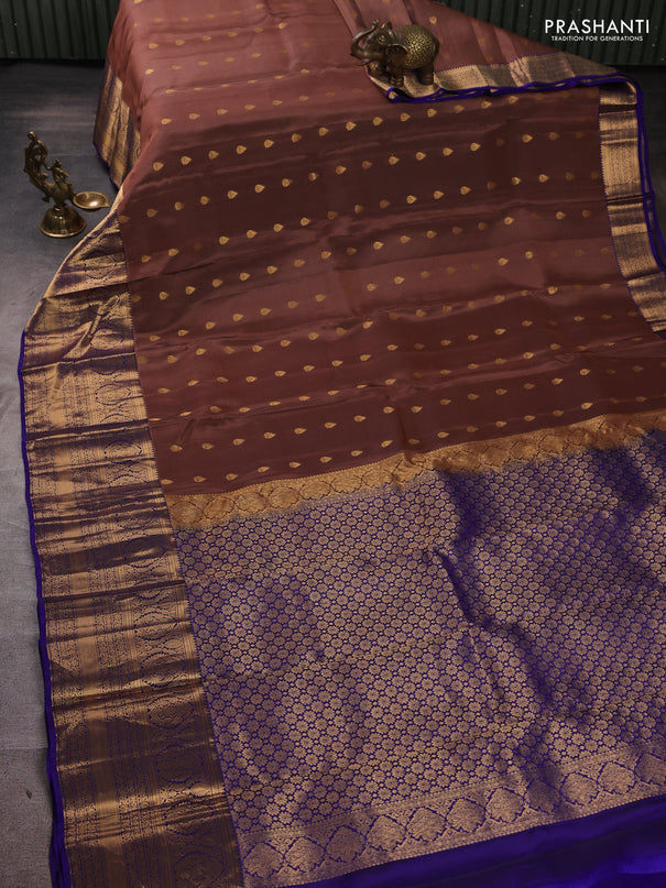 Kanchipuram silk saree brown shade and violet with allover zari woven buttas and long rich zari woven border