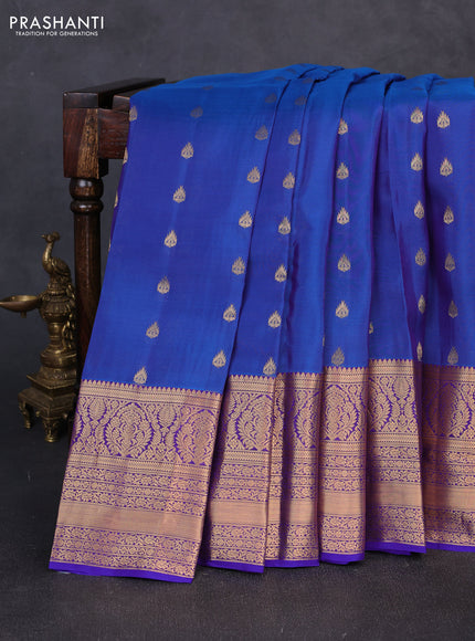 Kanchipuram silk saree dual shade of blue and violet with allover zari woven buttas and long rich zari woven border