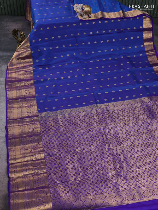 Kanchipuram silk saree dual shade of blue and violet with allover zari woven buttas and long rich zari woven border