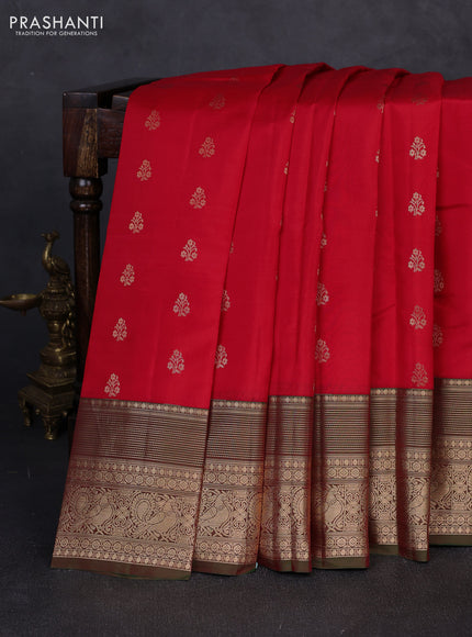 Kanchipuram silk saree red and dual shade of green with allover zari woven buttas and zari woven border