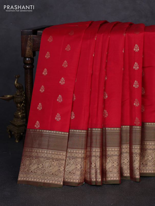 Kanchipuram silk saree red and dual shade of green with allover zari woven buttas and zari woven border