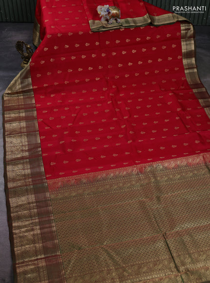 Kanchipuram silk saree red and dual shade of green with allover zari woven buttas and zari woven border