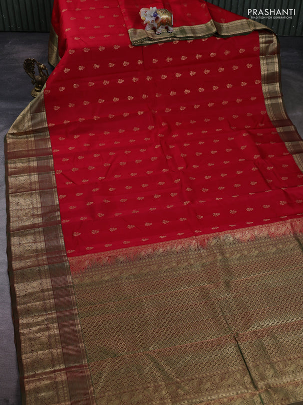 Kanchipuram silk saree red and dual shade of green with allover zari woven buttas and zari woven border