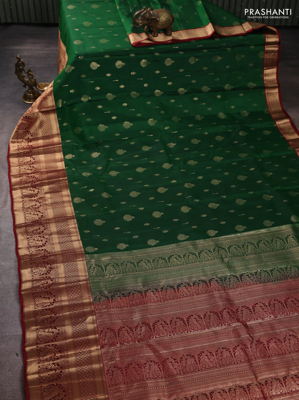 Kanchipuram silk saree green and maroon with allover zari woven buttas and long zari woven border