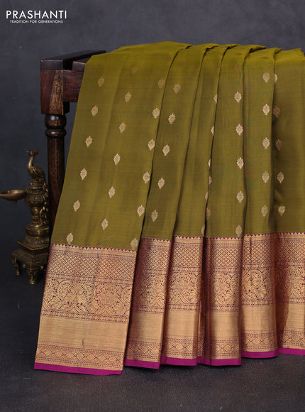 Kanchipuram silk saree mehendi green and magenta pink with allover zari woven buttas and long rich zari woven border