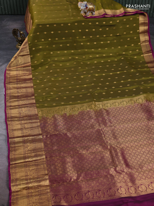 Kanchipuram silk saree mehendi green and magenta pink with allover zari woven buttas and long rich zari woven border