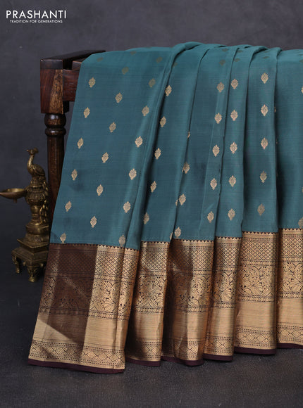 Kanchipuram silk saree greyish blue and coffee brown with allover zari woven buttas and long rich zari woven border