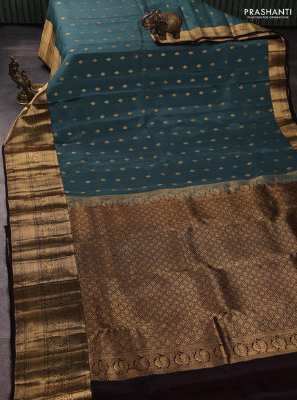 Kanchipuram silk saree greyish blue and coffee brown with allover zari woven buttas and long rich zari woven border
