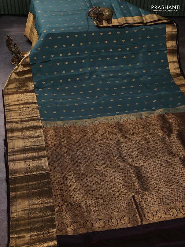 Kanchipuram silk saree greyish blue and coffee brown with allover zari woven buttas and long rich zari woven border