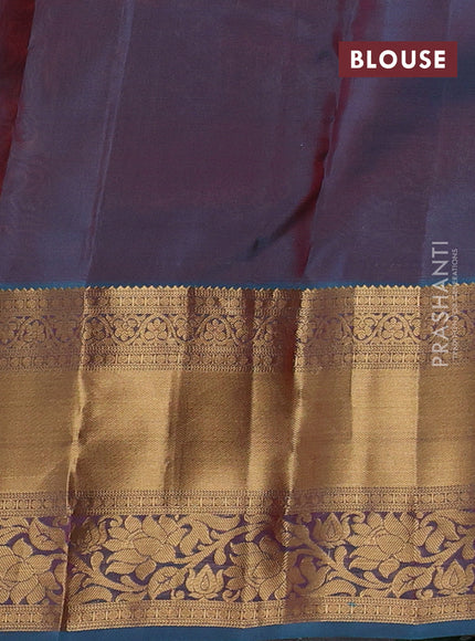 Kanchipuram silk saree sunset orange and dual shade of pinkish teal blue with allover zari woven buttas and long rich zari woven border