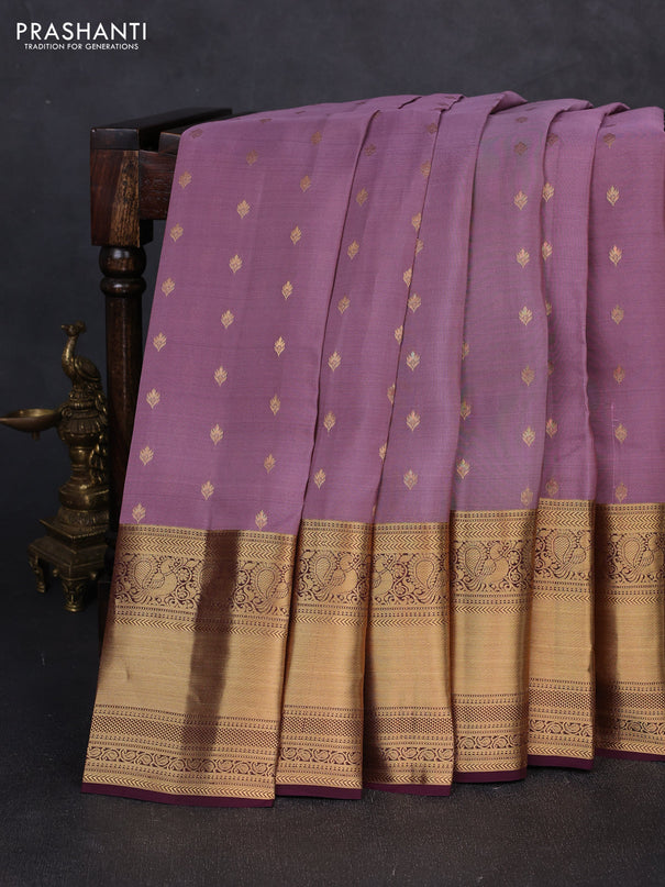 Kanchipuram silk saree mauve pink and wine shade with allover zari woven buttas and long rich zari woven border