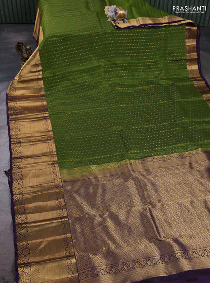 Kanchipuram silk saree green and purple with allover zari woven 1000 buttas and long rich zari woven border