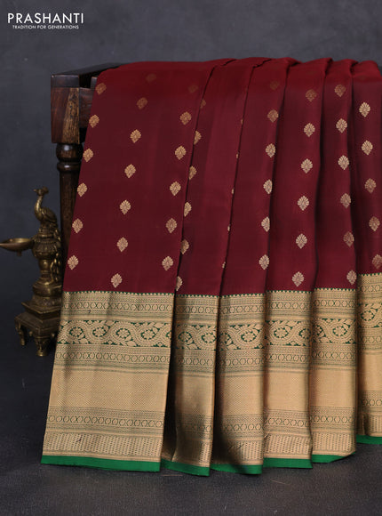 Kanchipuram silk saree deep maroon and green with allover zari woven buttas and long rich zari woven border