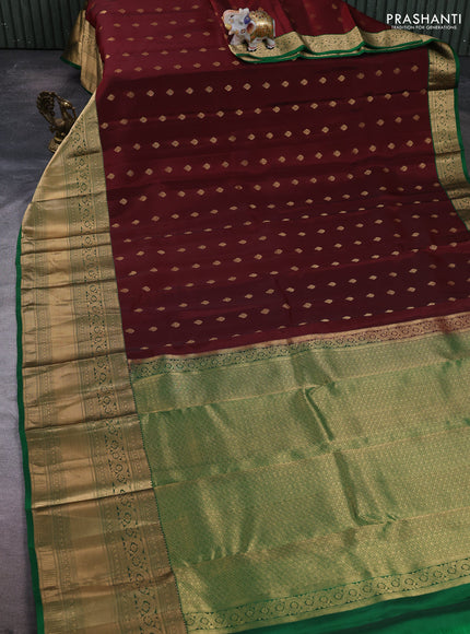 Kanchipuram silk saree deep maroon and green with allover zari woven buttas and long rich zari woven border