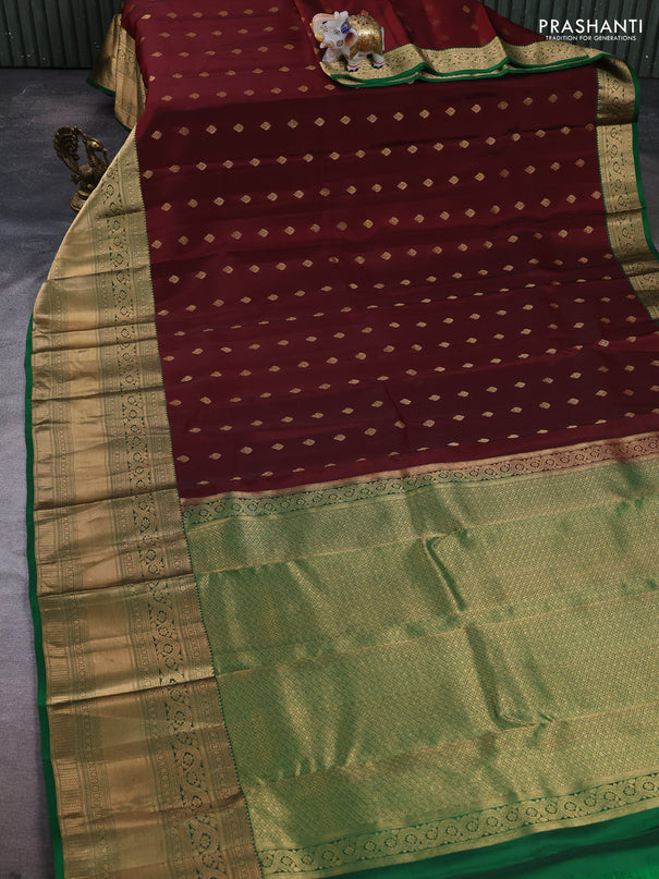 Kanchipuram silk saree deep maroon and green with allover zari woven buttas and long rich zari woven border