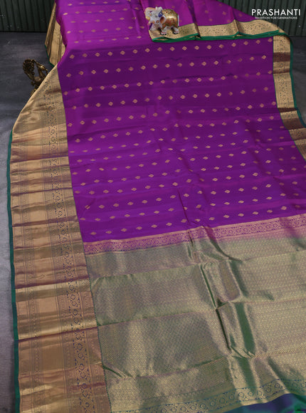Kanchipuram silk saree magenta pink and green with allover zari woven buttas and long rich zari woven border