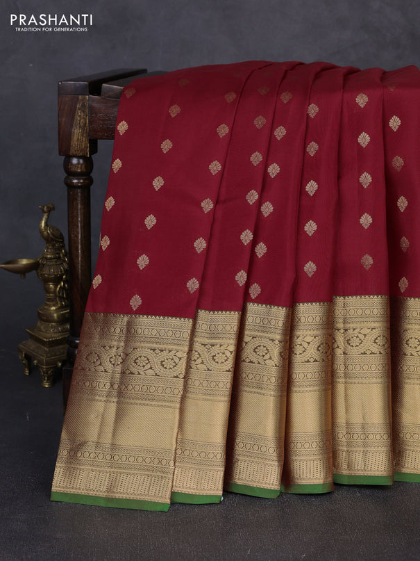 Kanchipuram silk saree red and green with allover zari woven buttas and long rich zari woven border
