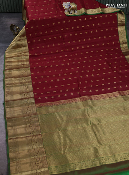 Kanchipuram silk saree red and green with allover zari woven buttas and long rich zari woven border