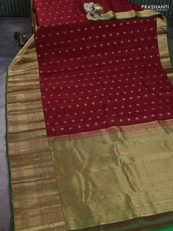 Kanchipuram silk saree red and green with allover zari woven buttas and long rich zari woven border
