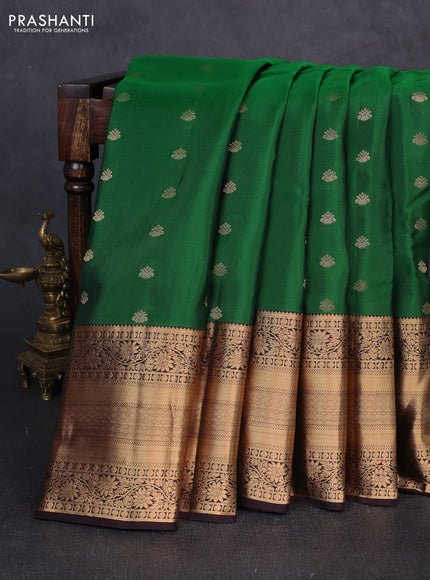 Kanchipuram silk saree green and coffee brown with allover zari woven buttas and long rich zari woven border