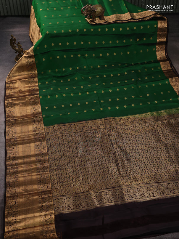 Kanchipuram silk saree green and coffee brown with allover zari woven buttas and long rich zari woven border