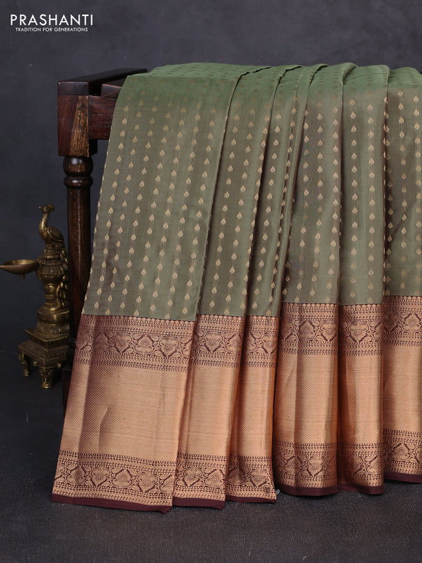 Kanchipuram silk saree pastel green and coffee brown with allover zari woven 1000 buttas and long rich zari woven border