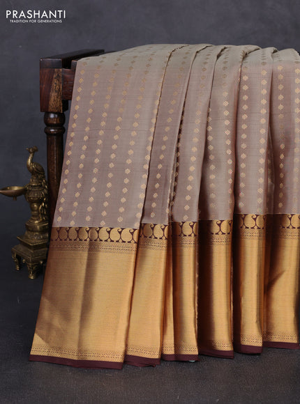 Kanchipuram silk saree sandal and coffee brown with allover zari woven 1000 buttas and long rich zari woven border