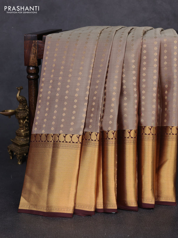 Kanchipuram silk saree sandal and coffee brown with allover zari woven 1000 buttas and long rich zari woven border