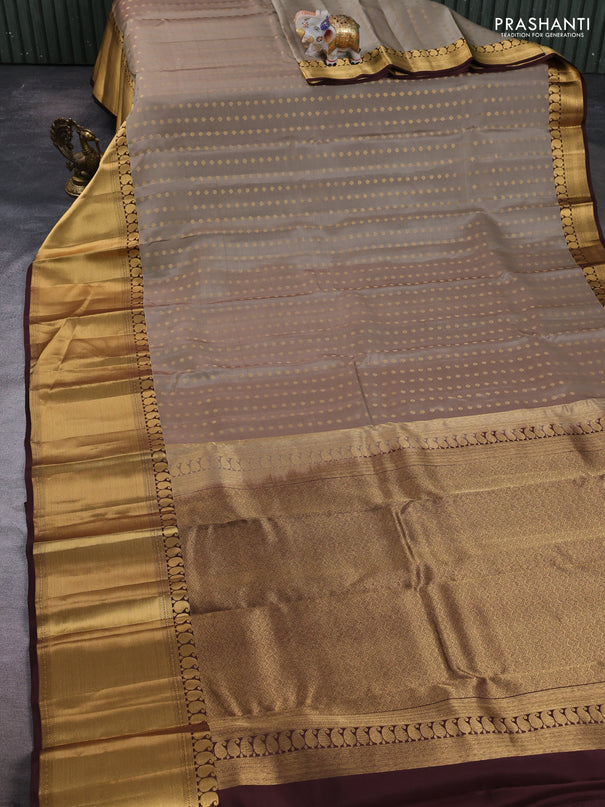 Kanchipuram silk saree sandal and coffee brown with allover zari woven 1000 buttas and long rich zari woven border