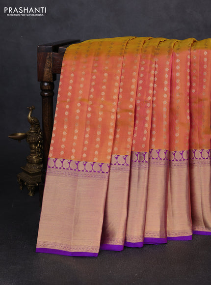 Kanchipuram silk saree sunset orange and purple with allover zari woven 1000 buttas and long rich zari woven border