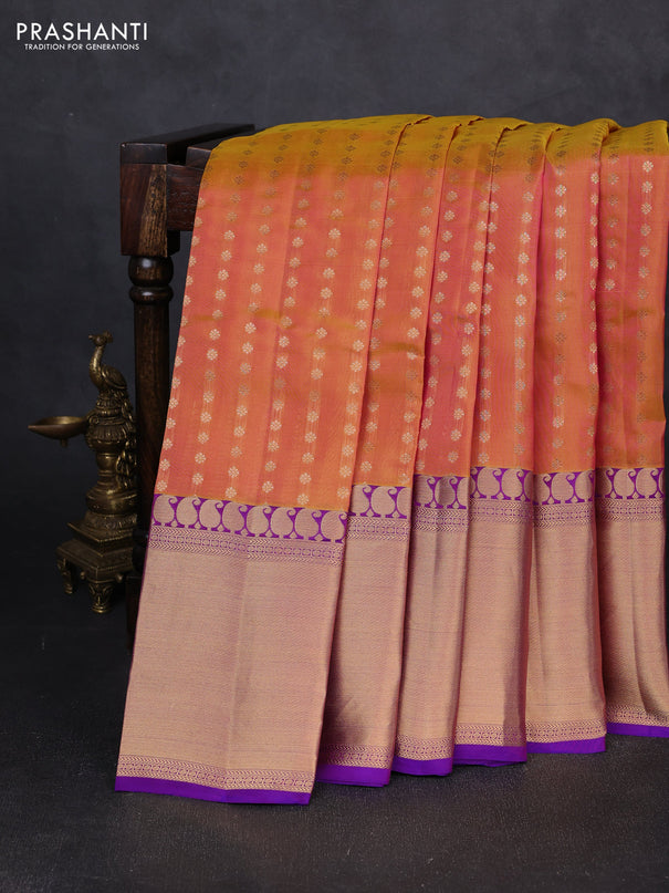 Kanchipuram silk saree sunset orange and purple with allover zari woven 1000 buttas and long rich zari woven border