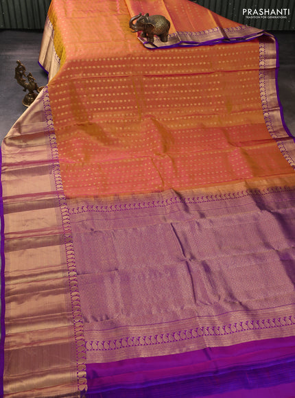 Kanchipuram silk saree sunset orange and purple with allover zari woven 1000 buttas and long rich zari woven border