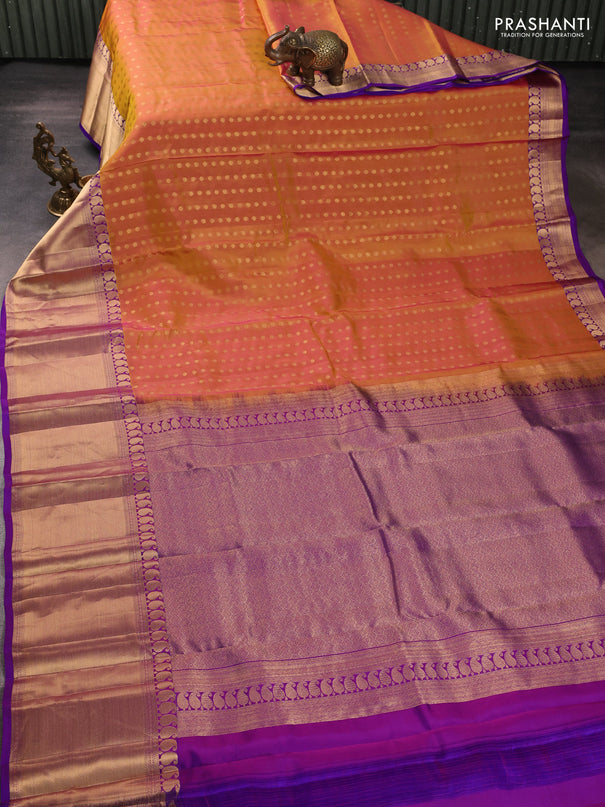 Kanchipuram silk saree sunset orange and purple with allover zari woven 1000 buttas and long rich zari woven border