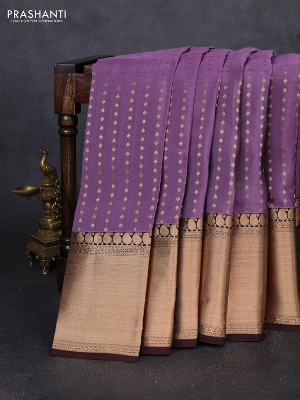 Kanchipuram silk saree pastel purple and coffee brown with allover zari woven 1000 buttas and long rich zari woven border