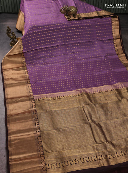 Kanchipuram silk saree pastel purple and coffee brown with allover zari woven 1000 buttas and long rich zari woven border