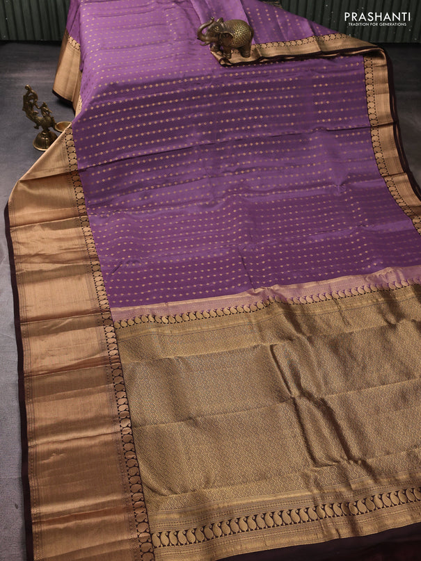 Kanchipuram silk saree pastel purple and coffee brown with allover zari woven 1000 buttas and long rich zari woven border