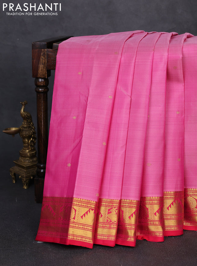 Pure kanchipuram silk saree light pink and red with allover zari woven buttas and zari woven border