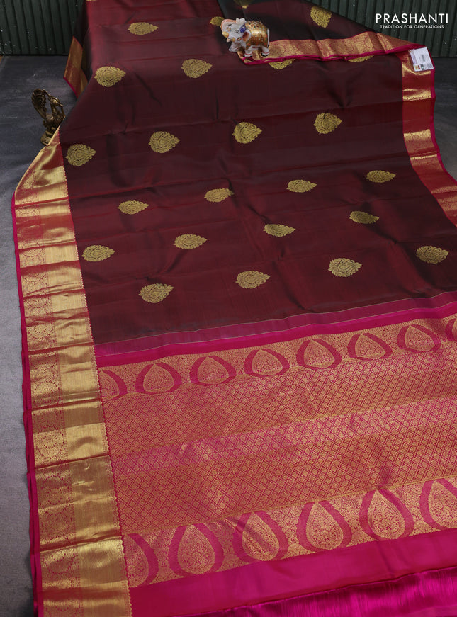 Pure kanchipuram silk saree coffee brown and pink with zari woven buttas and rich zari woven border